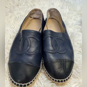 CHANEL Leather Espadrilles in Dark Blue and Beige